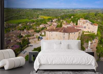 Aerial view of Castle of Bruniquel is a good example of  early 12th century castle, Occitanie, France. The whole site has been classified as a historic monument and has recently been restored. Wall mural