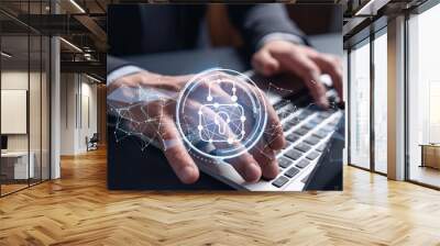 A programmer is typing a code on computer to protect a cyber security from hacker attacks and save clients confidential data. Padlock Hologram icons over the typing hands. Formal wear. Wall mural