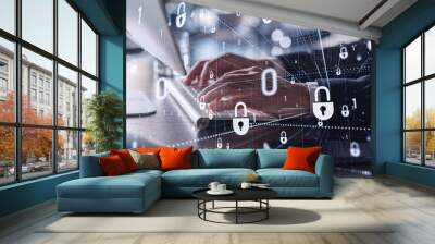 A programmer is typing a code on computer to protect a cyber security from hacker attacks and save clients confidential data. Padlock Hologram icons over the typing hands. Formal wear. Wall mural