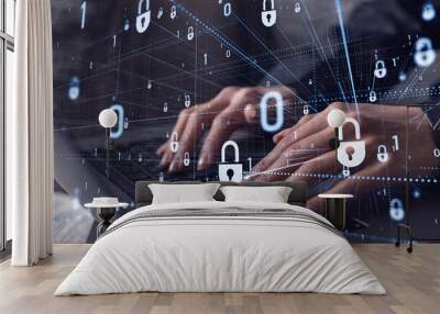 A woman programmer is typing a code on computer to protect a cyber security from hacker attacks and save clients confidential data. Padlock Hologram icons over the typing hands. Formal wear. Wall mural