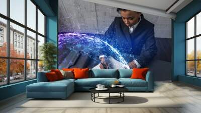 A woman signs contract and abstract technology theme hologram. Double exposure. Wall mural