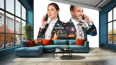 Attractive businesswoman and handsome businessman in suits talking phone. Asia corporate lifestyle, communication of diverse young professionals. Night Kuala Lumpur city view. Double exposure Wall mural