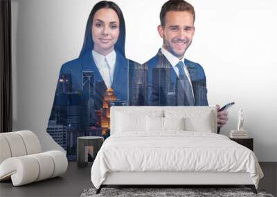 Attractive businesswoman and handsome businessman in suits using smartphone. Asia corporate lifestyle, communication of young professionals. Night Kuala Lumpur city view. Double exposure Wall mural