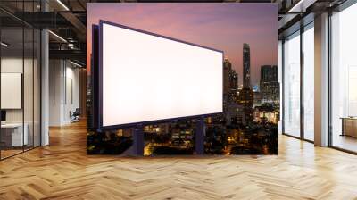 Blank white road billboard with Bangkok cityscape background at night time. Street advertising poster, mock up, 3D rendering. Side view. The concept of marketing communication to sell idea. Wall mural