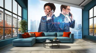 Businessman and businesswoman as a part of corporate team processing conference call to protect clients confidential information at cybersecurity compliance division. IT lock icons over Singapore. Wall mural