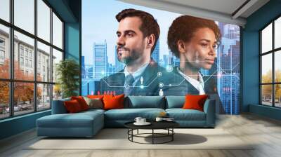 Businessman and businesswoman as a SMM specialists thinking about development of social media marketing strategy to achieve business goals. Hologram icons over Singapore background. Wall mural