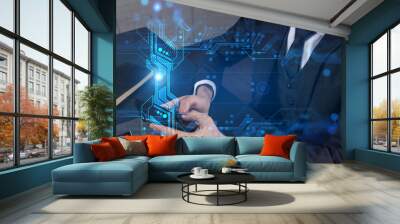 Businessman in office working with Smartphone, new technologies hologram to optimize the process, typing phone. Double exposure. Wall mural