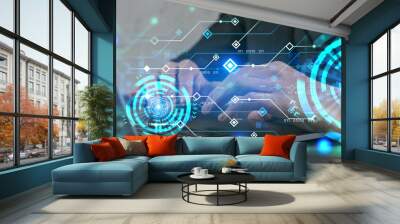 Businessman takes notes, typing laptop background and technology hologram. Wall mural