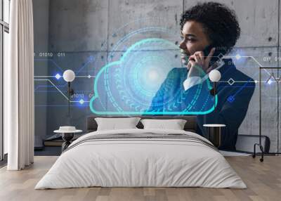 Businesswoman speaks phone and cloud storage technology hologram. Double exposure. Internet server concept. Wall mural