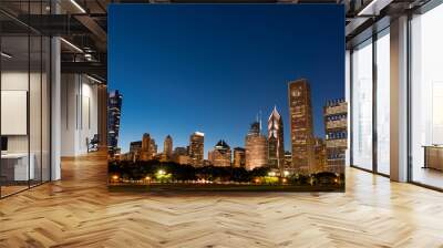 Chicago skyline panorama from Park at night time. Chicago, Illinois, USA. Skyscrapers of financial district, a vibrant business neighborhood. Wall mural