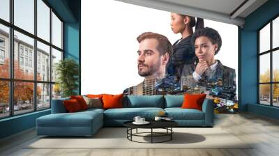 Double exposure of three young, successful, business people, man and woman, standing in front of Asian city Bangkok background. Concept of hard work and study. Modern life way. Night time. Wall mural