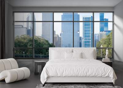 Downtown Chicago City Skyline Buildings from High Rise Window. Beautiful Expensive Real Estate overlooking. Empty room Interior Skyscrapers View in Penthouse Cityscape. Day time. 3d rendering. Wall mural