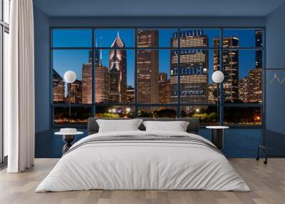 Downtown Chicago City Skyline Buildings from High Rise Window. Beautiful Expensive Real Estate overlooking. Epmty room Interior Skyscrapers View in Penthouse Cityscape. Night. 3d rendering. Wall mural