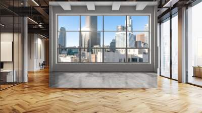 Downtown Los Angeles City Skyline Buildings from High Rise Window. Beautiful Expensive Real Estate overlooking. Epmty room Interior Skyscrapers View Cityscape. Day time. California. 3d rendering. Wall mural