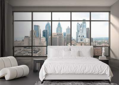 Empty room Interior Skyscrapers View Cityscape. Downtown Philadelphia City Skyline Buildings from High Rise Window. Beautiful Real Estate. Day time. 3d rendering. Wall mural