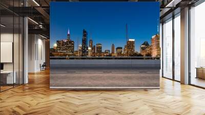 Empty urban asphalt road exterior with city buildings background. New modern highway concrete construction. Concept of way to success. Transportation logistic industry fast delivery. Chicago. USA. Wall mural