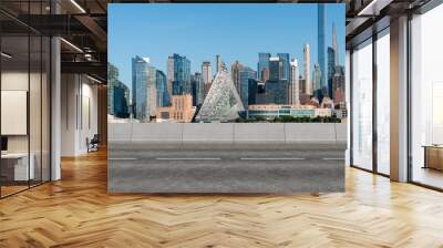 Empty urban asphalt road exterior with city buildings background. New modern highway concrete construction. Concept of way to success. Transportation logistic industry fast delivery. New York. USA. Wall mural