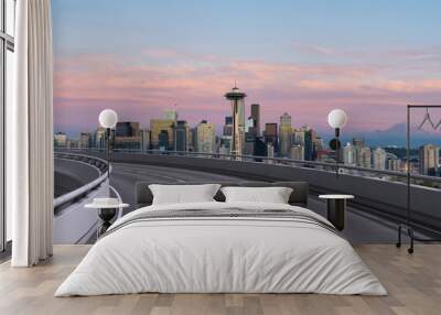 Empty urban asphalt road exterior with city buildings background. New modern highway concrete construction. Concept way to success. Transportation logistic industry fast delivery. Seattle. USA. Wall mural