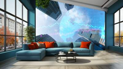 FOREX and stock market chart hologram on low, wide angle view of glass and steel contemporary skyscrapers in financial downtown. The concept of international trading. Double exposure. Wall mural