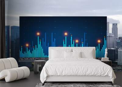 Forex and stock market chart hologram on road billboard over panorama city view of Singapore. The financial center in Southeast Asia. The concept of international trading. Wall mural