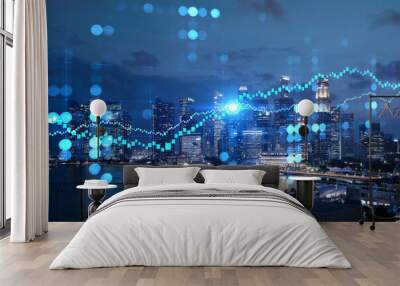 FOREX graph hologram, aerial night panoramic cityscape of Singapore, the developed location for stock market researchers in Asia. The concept of fundamental analysis. Double exposure. Wall mural