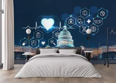 Front view, Capitol dome building at night, Washington DC, USA. Illuminated Home of Congress and Capitol Hill. Health care digital medicine hologram. The concept of treatment and disease prevention Wall mural