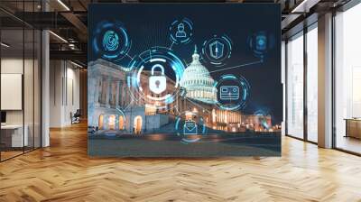 Front view, Capitol dome building at night, Washington DC, USA. Illuminated Home of Congress and Capitol Hill. The concept of cyber security to protect confidential information, padlock hologram Wall mural