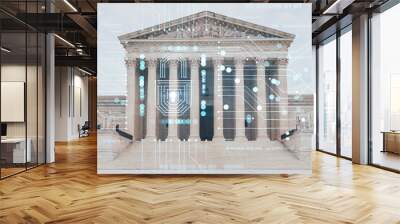 Front view of the iconic building of United States Supreme Court at day time, Washington DC, USA. Judicial branch. The concept of cyber security to protect confidential information, padlock hologram Wall mural