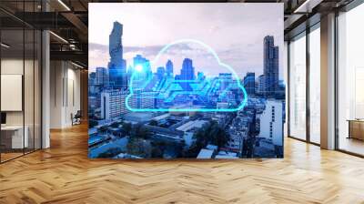 Glowing hologram of cloud icon, aerial panoramic cityscape of Bangkok at sunset. The concept of secure storage of digital data in Asia. Multi exposure. Wall mural