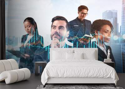 Group of business colleagues working on new venture capital and hi-tech start up and try to forecast risks and estimate prospective earning growth. Hologram chart on Singapore background. Wall mural