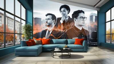 Group of business colleagues working on new venture capital and hi-tech start up and try to forecast risks and estimate prospective earning growth. Hologram chart on Singapore background. Wall mural