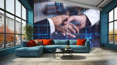 Handshake of two businesspeople as agreement concept to develop a new software to improve service at a company. Technological icons. Woman in business. Wall mural