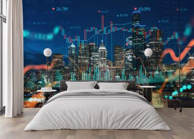 Illuminated aerial cityscape of Seattle, downtown at night time, Washington, USA. Forex graph hologram. The concept of internet trading, brokerage and fundamental analysis Wall mural