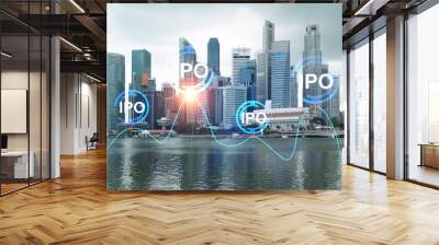 IPO icon hologram over panorama city view of Singapore, the hub of initial public offering in Asia. The concept of exceeding business opportunities. Double exposure. Wall mural