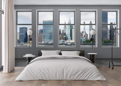 Midtown New York City Manhattan Skyline Buildings Window Background. Expensive Real Estate. Empty room Interior Skyscrapers View Cityscape. East Side United Nations Headquarters. 3d rendering Wall mural