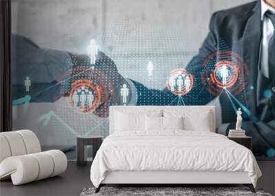 Multiexposure of two businesspeople handshake and social media network icon hologram drawing background. Concept of internet connection information data. Formal wear. Wall mural