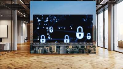 Padlock icon hologram on road billboard over panorama city view of Bangkok at sunset to protect business, Southeast Asia. The concept of information security shields. Wall mural