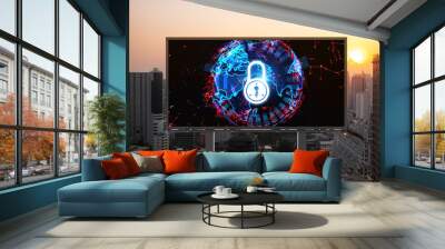 Padlock icon hologram on road billboard over panorama city view of Bangkok at sunset to protect business, Southeast Asia. The concept of information security shields. Wall mural