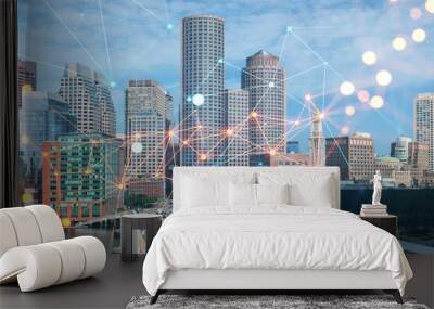 Panorama city view of Boston Harbor at day time, Massachusetts. Buildings of financial downtown. Glowing Social media icons. The concept of networking and establishing new connections between people Wall mural