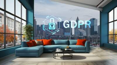 Panorama city view of Boston Harbour at day time, Massachusetts. Building exteriors of financial downtown. GDPR hologram is data protection regulation and privacy for all individuals within EU Area Wall mural