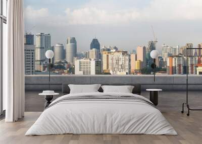 Panoramic Kuala Lumpur skyline view, concrete observatory deck on rooftop, daytime. Asian corporate and residential lifestyle. Financial city downtown, real estate. Product display mockup empty roof Wall mural