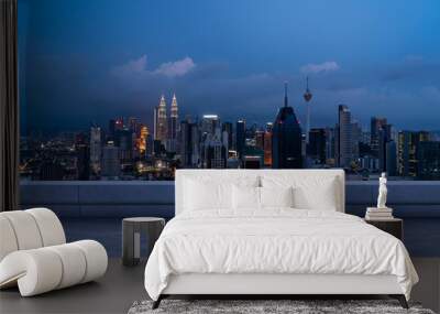 Panoramic Kuala Lumpur skyline view, concrete observatory deck on rooftop, night. Asian corporate and residential lifestyle. Financial city downtown, real estate. Product display mockup empty roof Wall mural