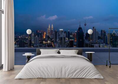 Panoramic Kuala Lumpur skyline view, concrete observatory deck on rooftop, night. Asian corporate and residential lifestyle. Financial city downtown, real estate. Product display mockup empty roof Wall mural