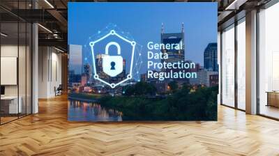 Panoramic view of Broadway district of Nashville over Cumberland River at illuminated night skyline, Tennessee, USA. GDPR hologram, concept of data protection regulation and privacy for individuals Wall mural