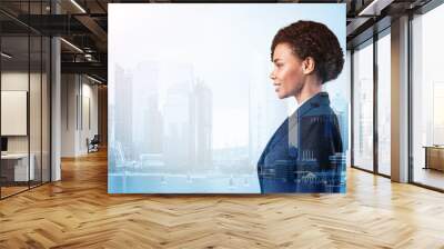 Successful smiling black African American business woman in suit. Singapore cityscape. The concept of woman in business. Legal consultant. Double exposure. Wall mural