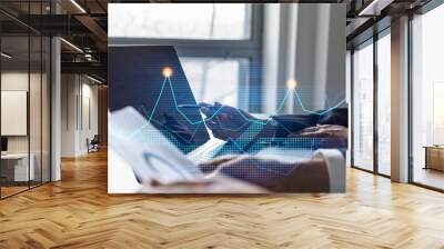 Two business people working together on corporate strategy. Try to analyze statistics. Financial forecast graph hologram. Double exposure. Wall mural