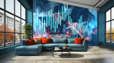 Two colleagues in formal wear working together to optimize trading strategy at corporate finance fund. Forex chart hologram over modern office background Wall mural