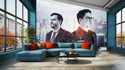 Two handsome businessman in suits thinking about career opportunities at cybersecurity compliance division to protect clients confidential information. IT lock icons over Kuala Lumpur background. Wall mural