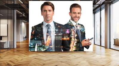 Two handsome businessmen in suits, using phone and pensively thinking. Asia corporate lifestyle, communication of diverse young professionals. Night Kuala Lumpur city view. Double exposure Wall mural