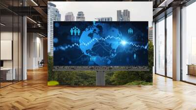 World planet Earth map hologram and social media icons on billboard over panorama city view of Bangkok, Southeast Asia. The concept of people networking and connections. Wall mural